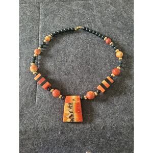 Vintage Imitation Stone and Wood Bead Style Necklace, beautiful wood inlay